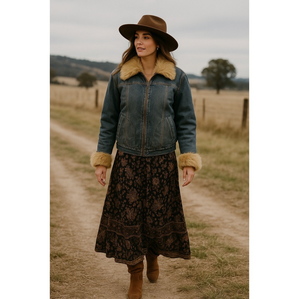 Boho Western Cowgirl Y2K Penny Lane Denim Faux Fur Lined  M Trucker Zip Jacket